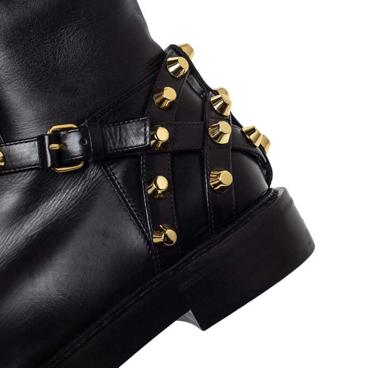 Pre Owned Balenciaga Black Leather Classic Studded Knee High Boots Size 36