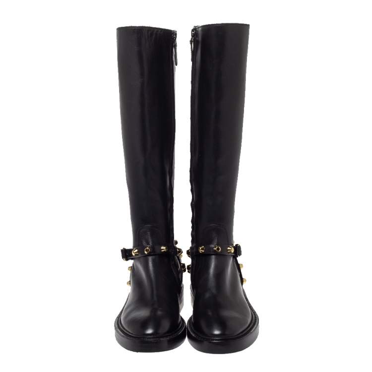Pre Owned Balenciaga Black Leather Classic Studded Knee High Boots Size 36