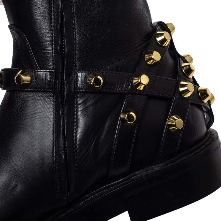 Pre Owned Balenciaga Black Leather Classic Studded Knee High Boots Size 36