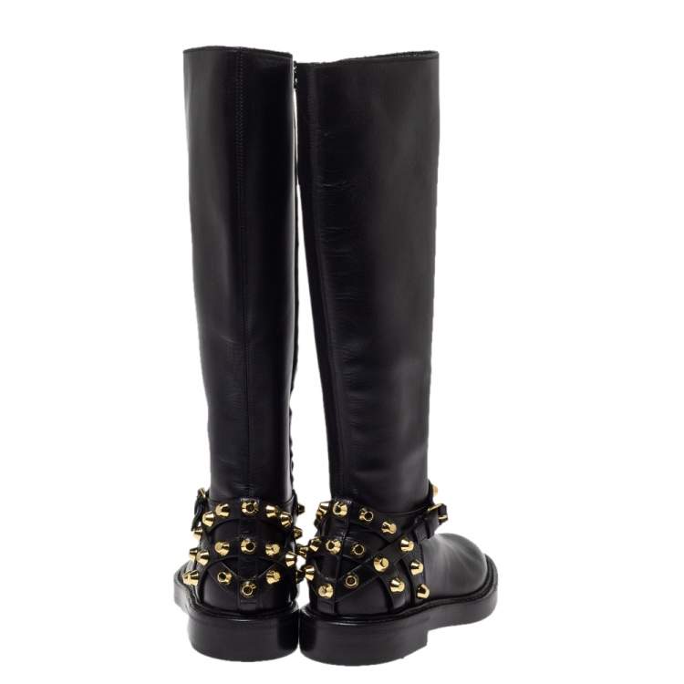 Pre Owned Balenciaga Black Leather Classic Studded Knee High Boots Size 36