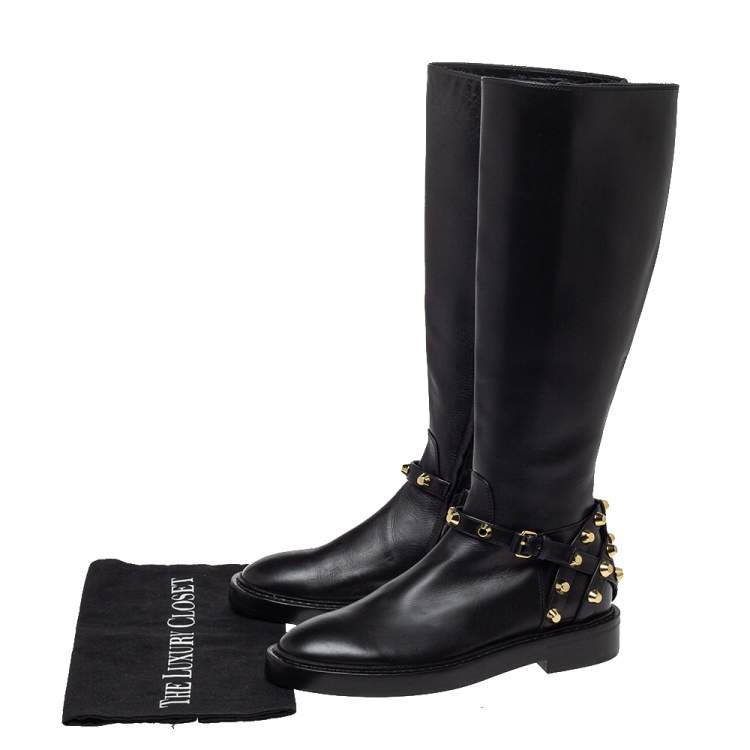 Pre Owned Balenciaga Black Leather Classic Studded Knee High Boots Size 36