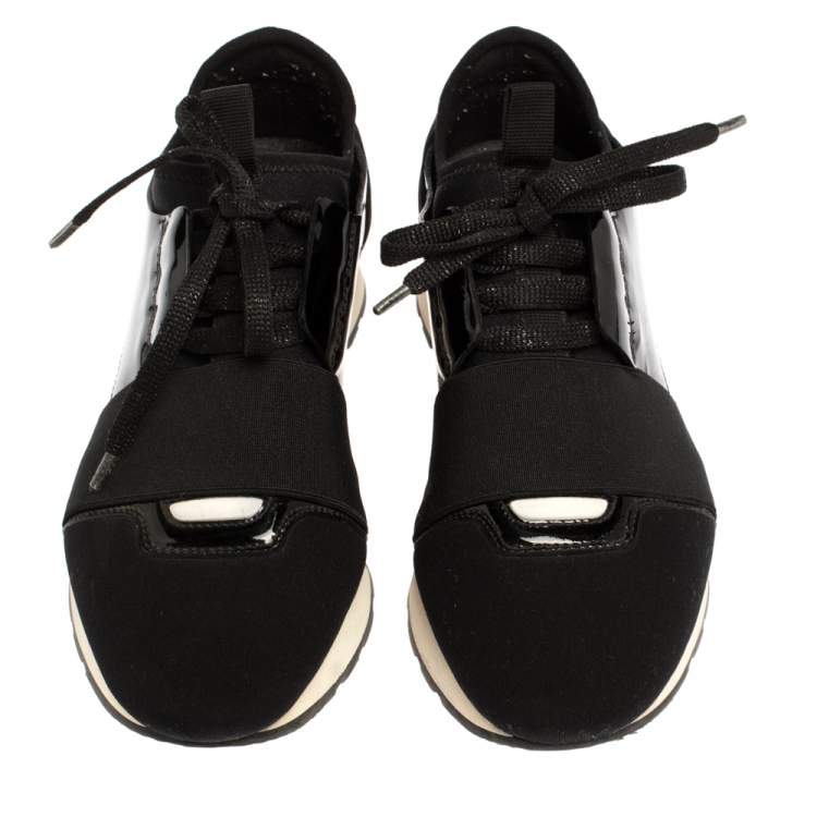 Pre Owned Balenciaga Black Patent And Stretch Fabric Race Runners Sneakers Size 36
