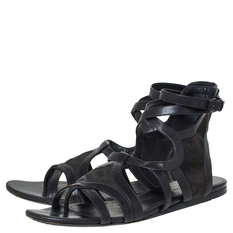 Pre Owned Balenciaga Grey Leather Gladiator Flat Sandals Size 40.5