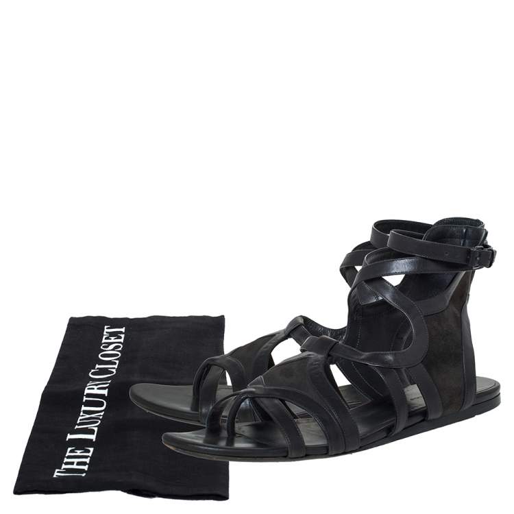 Pre Owned Balenciaga Grey Leather Gladiator Flat Sandals Size 40.5