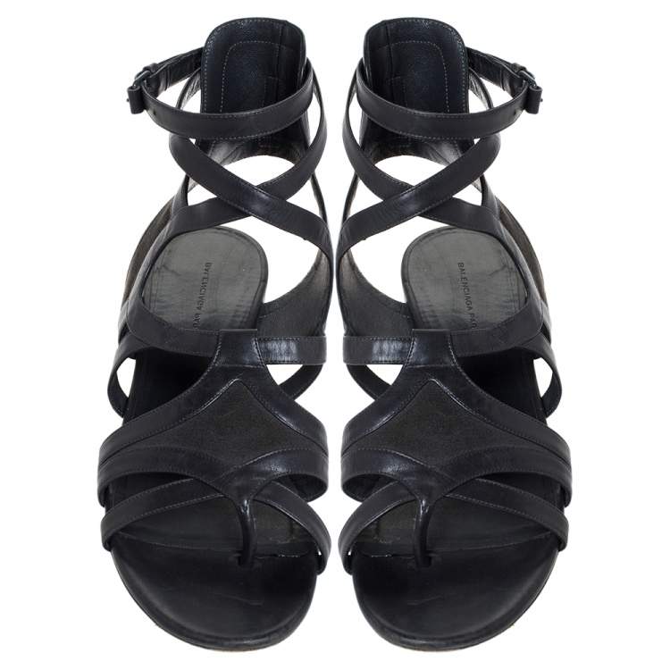 Pre Owned Balenciaga Grey Leather Gladiator Flat Sandals Size 40.5