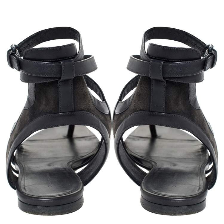 Pre Owned Balenciaga Grey Leather Gladiator Flat Sandals Size 40.5