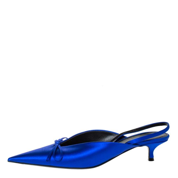 Pre Owned Balenciaga Blue Satin Bow Pointed Toe Mules Size 36.5