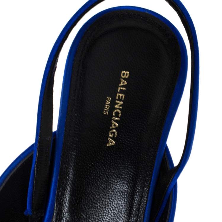 Pre Owned Balenciaga Blue Satin Bow Pointed Toe Mules Size 36.5