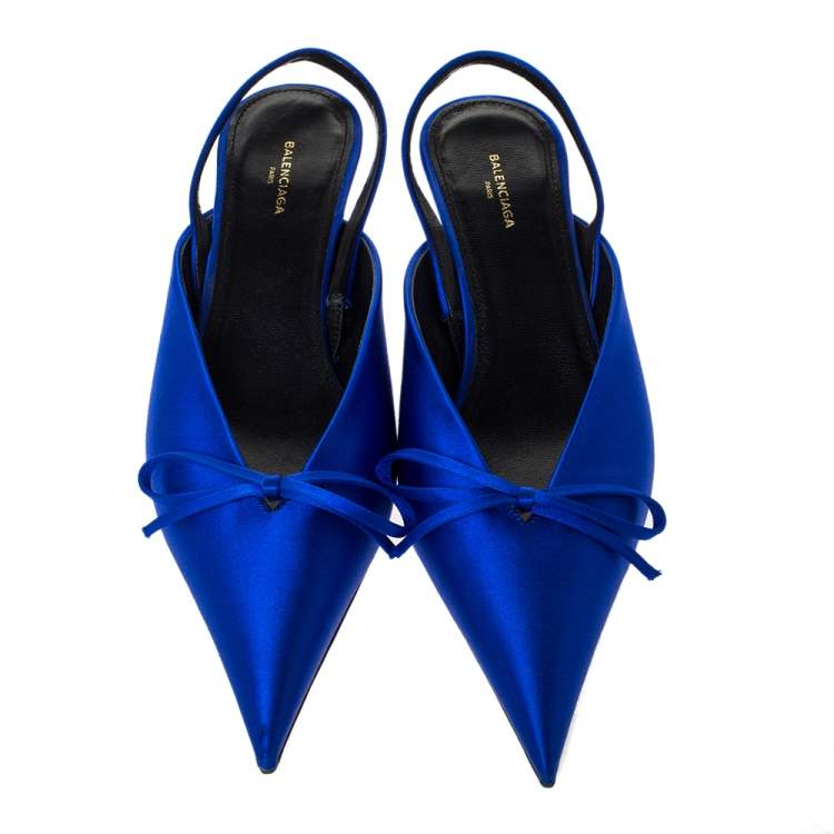 Pre Owned Balenciaga Blue Satin Bow Pointed Toe Mules Size 36.5