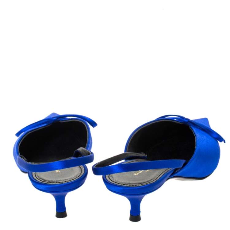 Pre Owned Balenciaga Blue Satin Bow Pointed Toe Mules Size 36.5