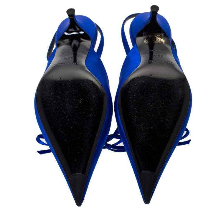 Pre Owned Balenciaga Blue Satin Bow Pointed Toe Mules Size 36.5