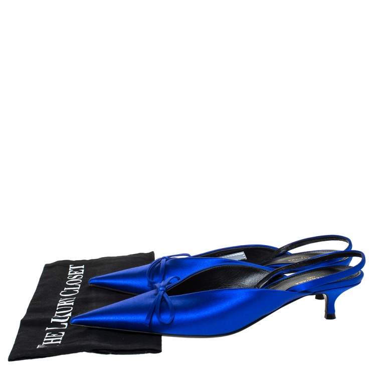 Pre Owned Balenciaga Blue Satin Bow Pointed Toe Mules Size 36.5