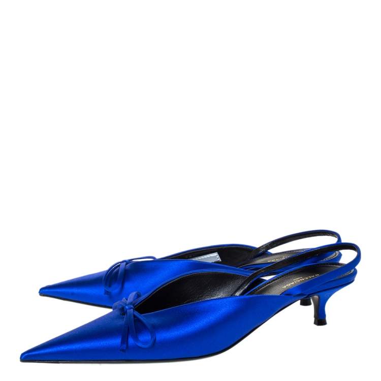 Pre Owned Balenciaga Blue Satin Bow Pointed Toe Mules Size 36.5