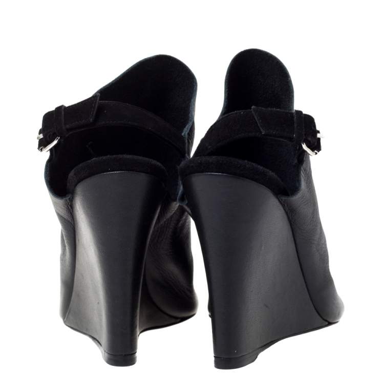 Pre Owned Balenciaga Black Leather And Suede Gloves Wedge Sandals Size 37