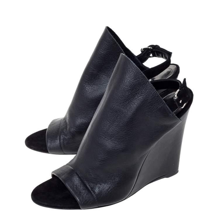 Pre Owned Balenciaga Black Leather And Suede Gloves Wedge Sandals Size 37