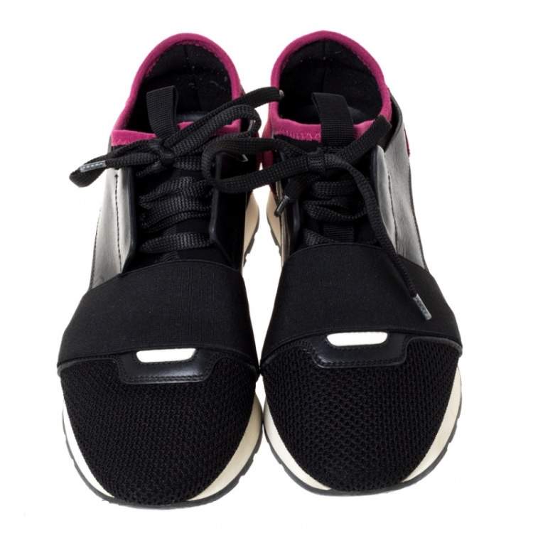 Pre Owned Balenciaga Black/Pink Leather And Mesh Race Runner Low Top Sneakers Size 37