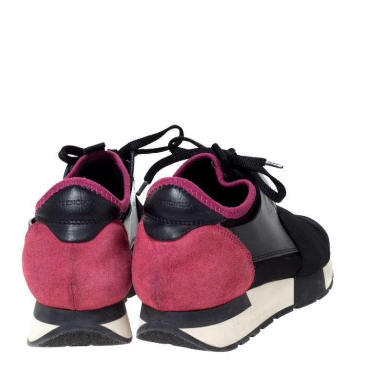 Pre Owned Balenciaga Black/Pink Leather And Mesh Race Runner Low Top Sneakers Size 37
