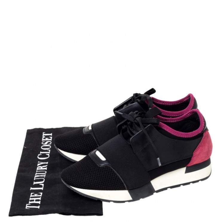 Pre Owned Balenciaga Black/Pink Leather And Mesh Race Runner Low Top Sneakers Size 37