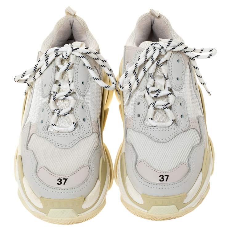 Pre Owned Balenciaga White Leather And Mesh Triple S Platform Sneakers Size 37