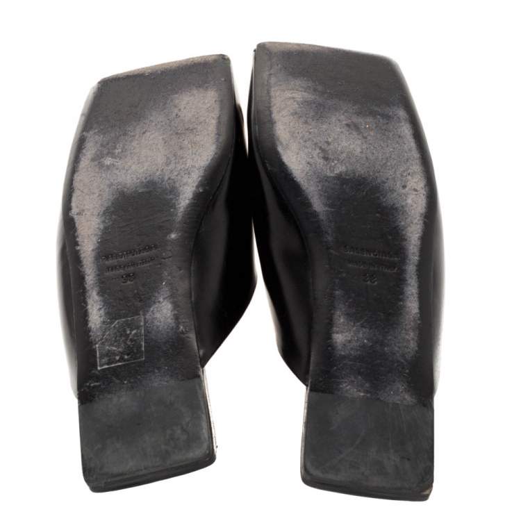 Pre Owned Balenciaga Black Leather Double Square BB Flat Mules Size 38
