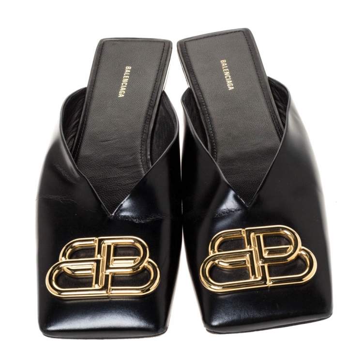 Pre Owned Balenciaga Black Leather Double Square BB Flat Mules Size 38