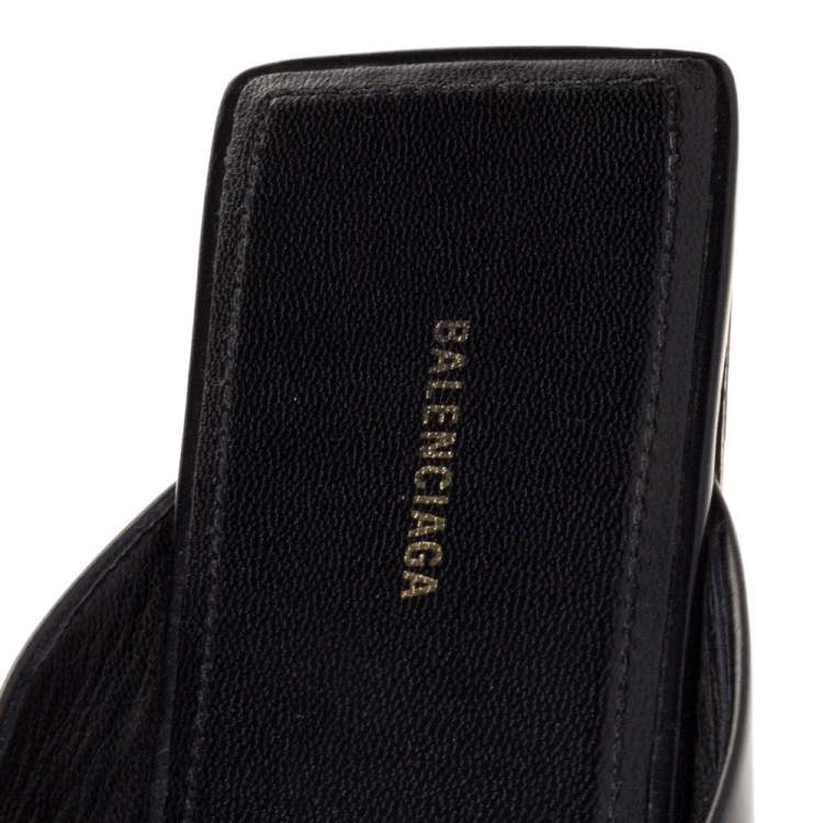 Pre Owned Balenciaga Black Leather Double Square BB Flat Mules Size 38