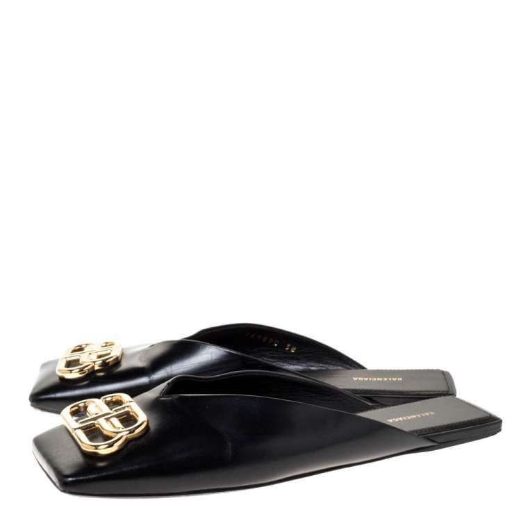 Pre Owned Balenciaga Black Leather Double Square BB Flat Mules Size 38