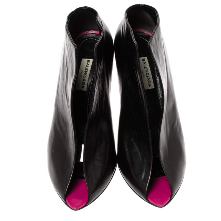 Pre Owned Balenciaga Black Leather Split Vamp Open Toe Booties Size 37