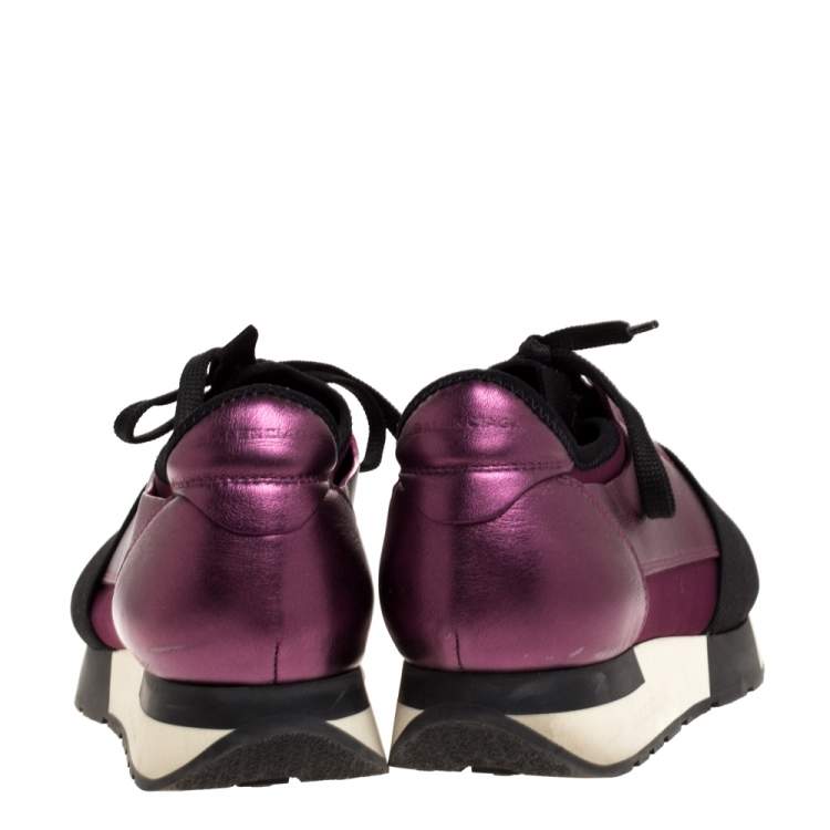 Pre Owned Balenciaga Purple/Black Leather and Fabric Race Runner Sneakers Size 36 