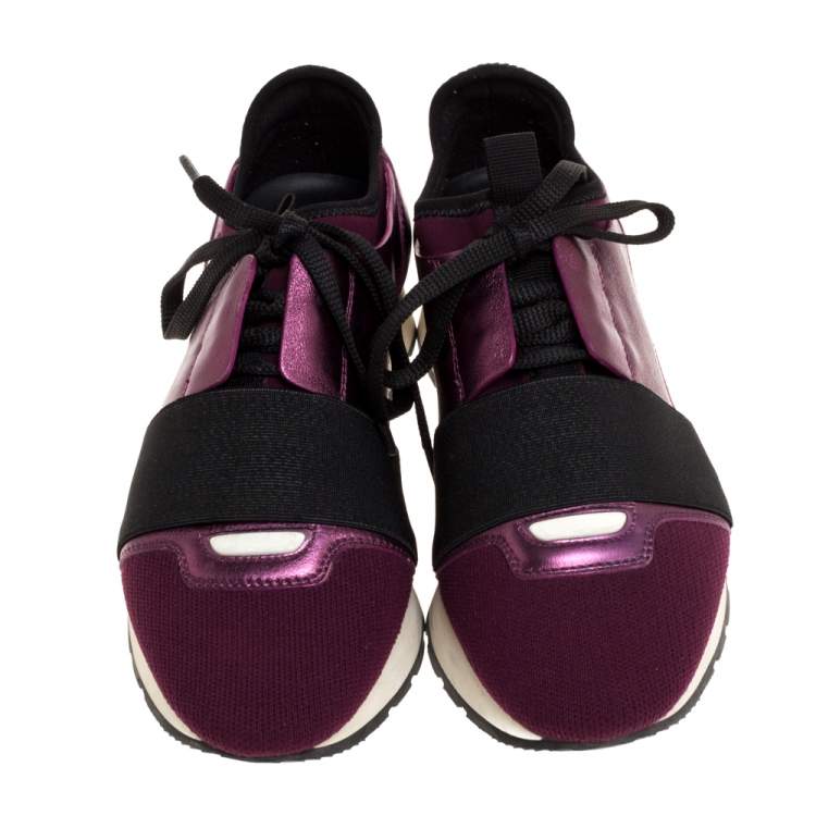 Pre Owned Balenciaga Purple/Black Leather and Fabric Race Runner Sneakers Size 36 
