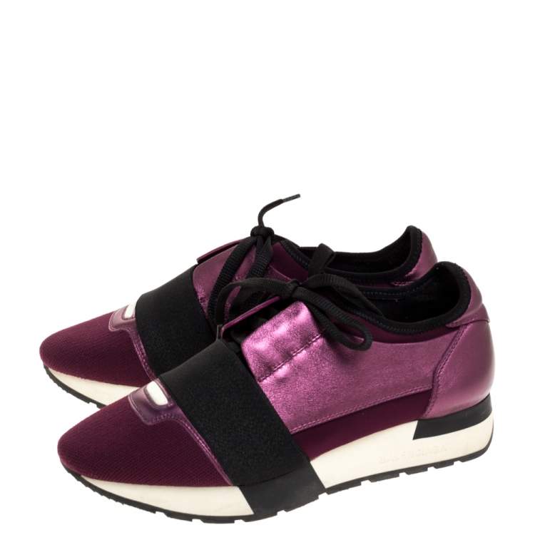 Pre Owned Balenciaga Purple/Black Leather and Fabric Race Runner Sneakers Size 36 