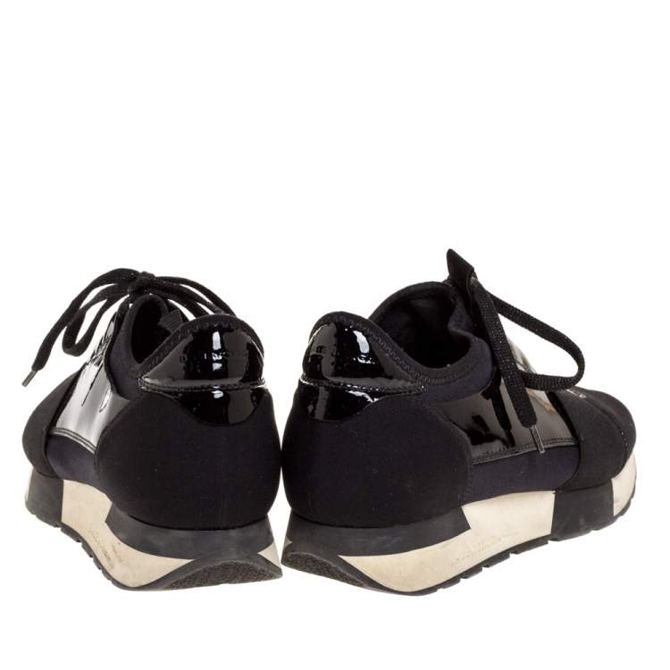 Pre Owned Balenciaga Black Patent And Fabric Race Runner Low Top Sneakers Size 37