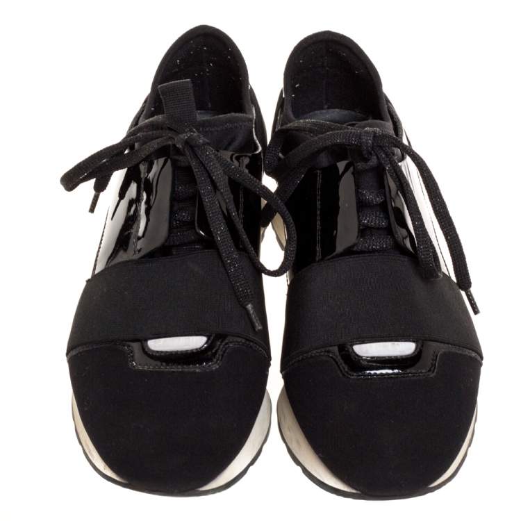 Pre Owned Balenciaga Black Patent And Fabric Race Runner Low Top Sneakers Size 37