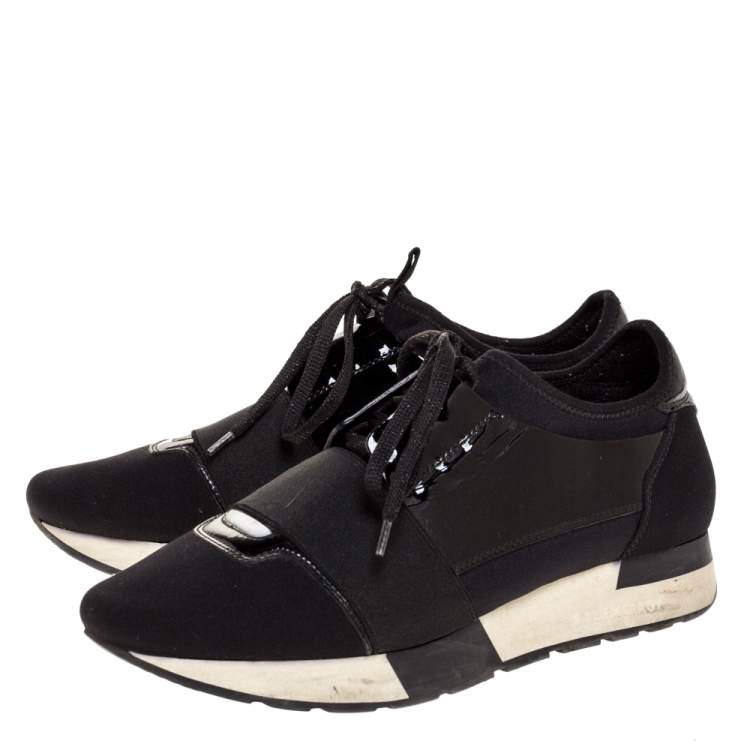 Pre Owned Balenciaga Black Patent And Fabric Race Runner Low Top Sneakers Size 37
