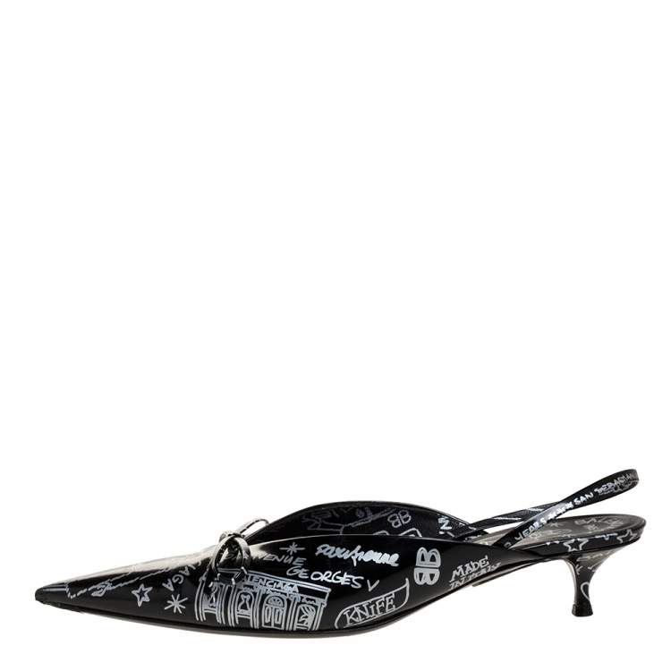 Pre Owned Balenciaga Black Leather Bow Printed Slingback Sandals Size 41
