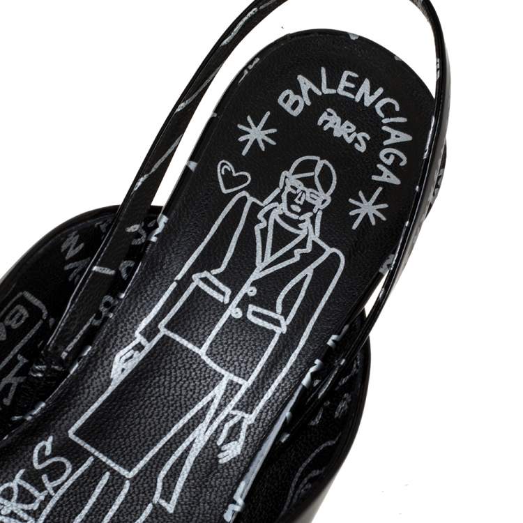 Pre Owned Balenciaga Black Leather Bow Printed Slingback Sandals Size 41