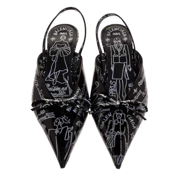 Pre Owned Balenciaga Black Leather Bow Printed Slingback Sandals Size 41