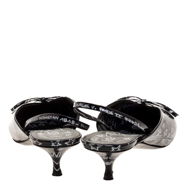 Pre Owned Balenciaga Black Leather Bow Printed Slingback Sandals Size 41