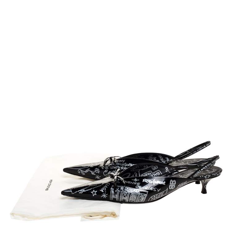 Pre Owned Balenciaga Black Leather Bow Printed Slingback Sandals Size 41
