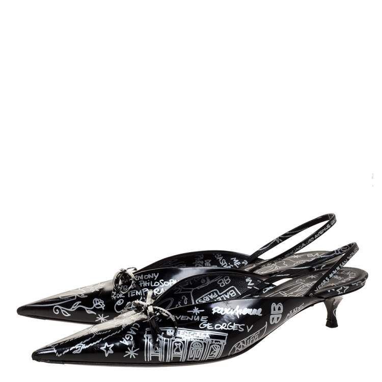 Pre Owned Balenciaga Black Leather Bow Printed Slingback Sandals Size 41