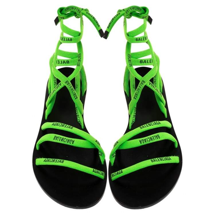 Pre Owned Balenciaga Green Fabric Logo Ankle Wrap Flat Sandals Size 40