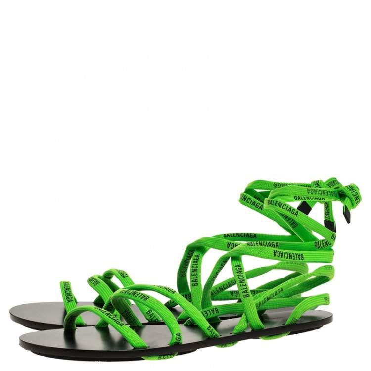 Pre Owned Balenciaga Green Fabric Logo Ankle Wrap Flat Sandals Size 40