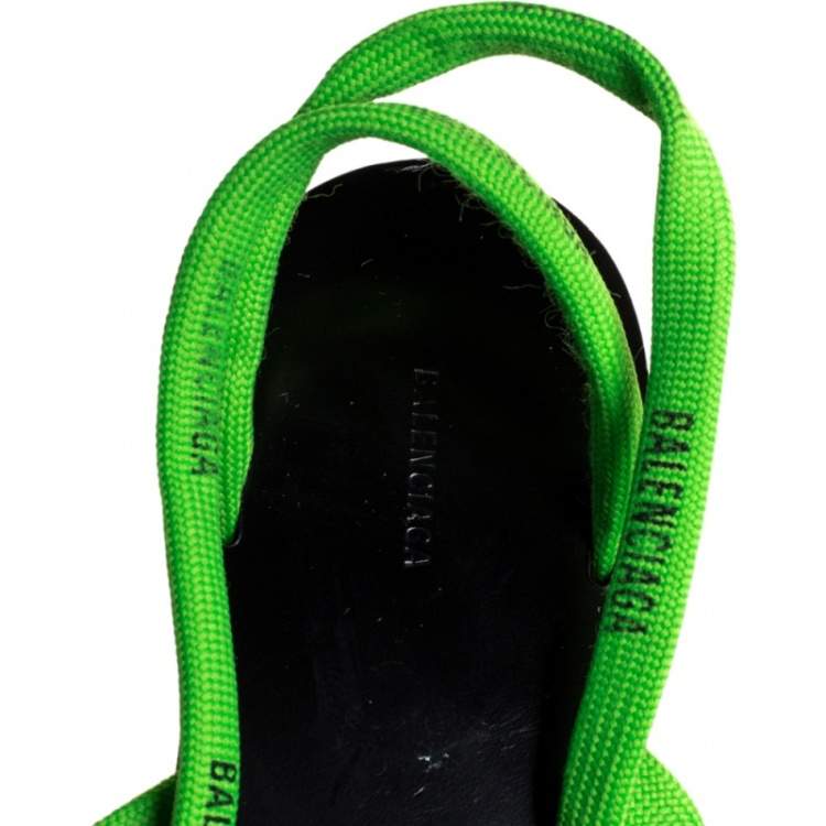 Pre Owned Balenciaga Green Fabric Logo Ankle Wrap Flat Sandals Size 40
