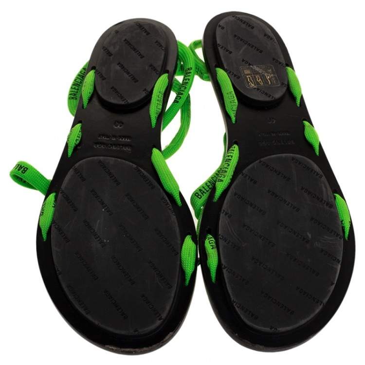 Pre Owned Balenciaga Green Fabric Logo Ankle Wrap Flat Sandals Size 40