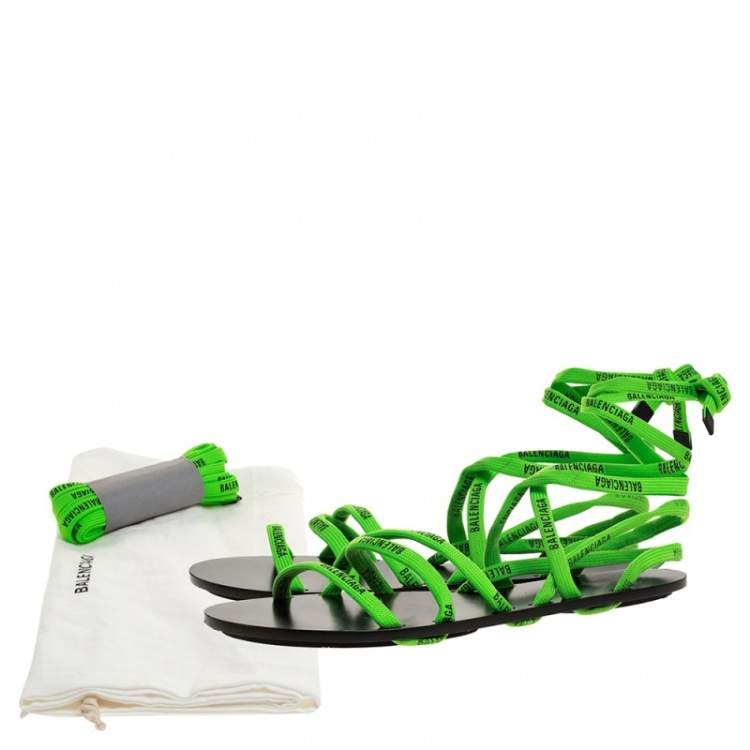 Pre Owned Balenciaga Green Fabric Logo Ankle Wrap Flat Sandals Size 40