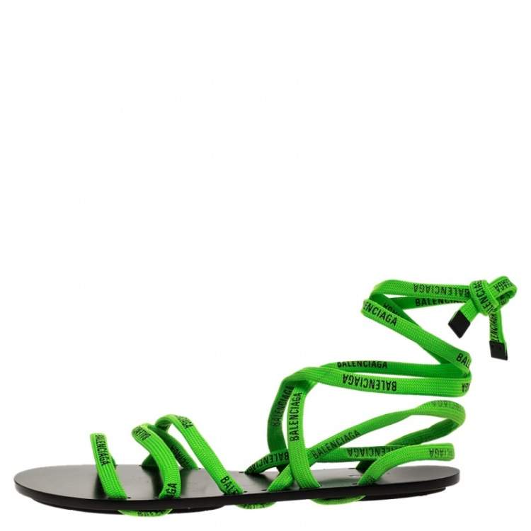Pre Owned Balenciaga Green Fabric Logo Ankle Wrap Flat Sandals Size 40
