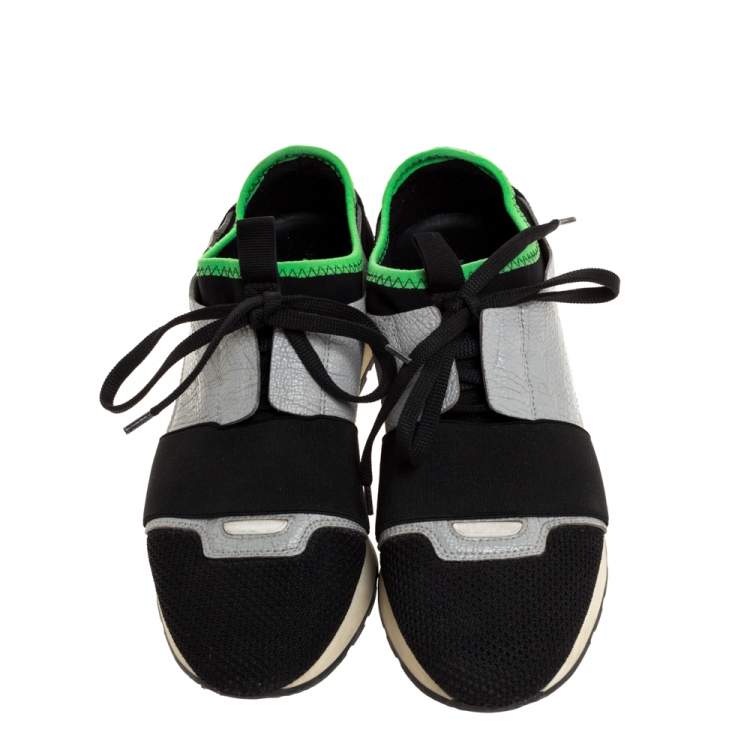 Pre Owned Balenciaga Black/Grey Mesh, Suede And Leather Race Runner Sneakers Size 38