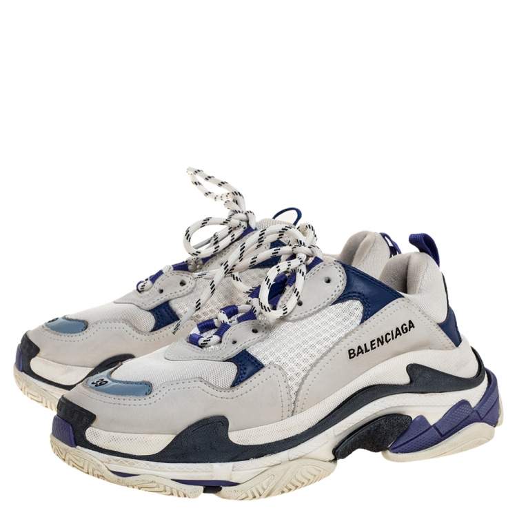 Pre Owned Balenciaga White/Purple Leather and Mesh Triple S Platform Sneakers Size 39