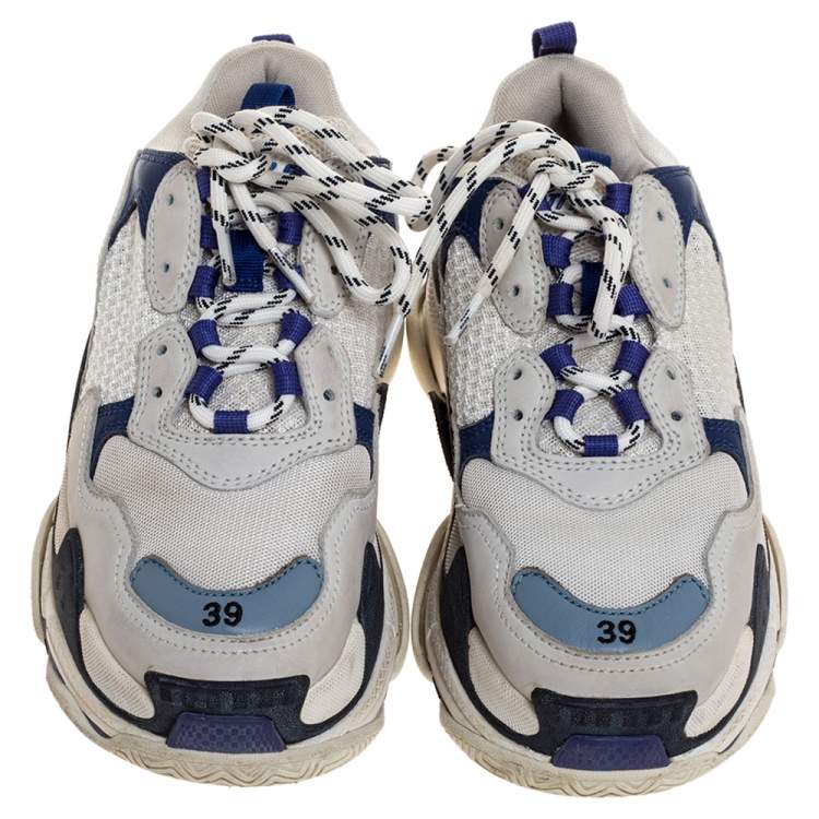 Pre Owned Balenciaga White/Purple Leather and Mesh Triple S Platform Sneakers Size 39