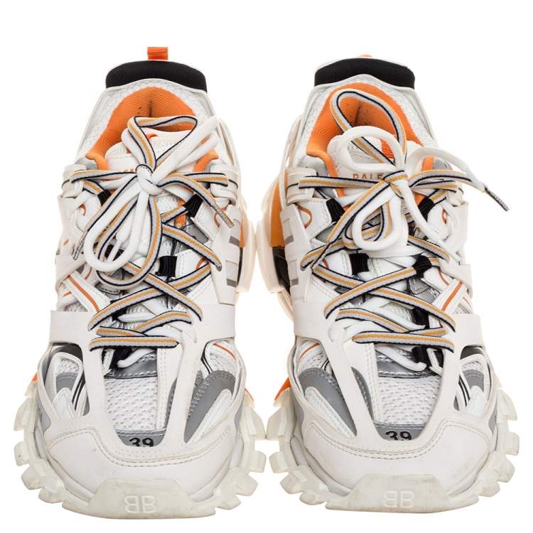 Pre Owned Balenciaga White/Orange Rubber And Mesh Track Trainers Size 39